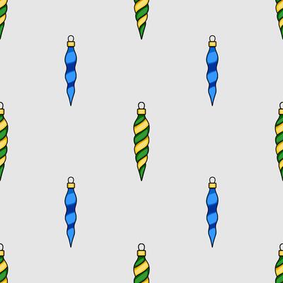 Seamless pattern of stylized Christmas tree ornaments in blue and green spiral design, perfect for festive backgrounds and wrapping paper.