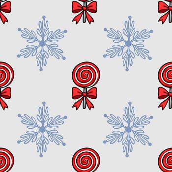 Seamless pattern featuring stylized snowflakes and red lollipops with bows, creating a festive and playful Christmas design. vector
