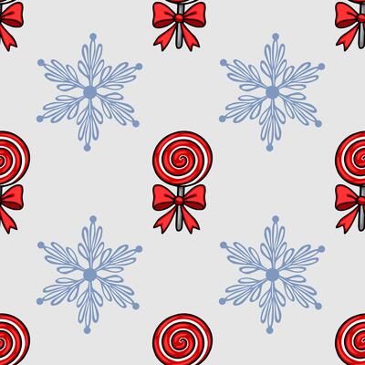 Seamless pattern featuring stylized snowflakes and red lollipops with bows, creating a festive and playful Christmas design.