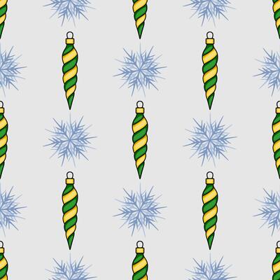 Seamless Christmas pattern featuring stylized green and yellow spiral ornaments and delicate snowflakes on a light gray background, ideal for festive designs.