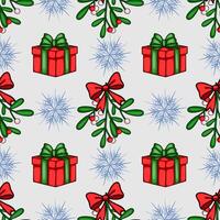 Seamless Christmas pattern featuring red gift boxes with green ribbons, mistletoe sprigs with red and white berries, and stylized snowflakes on a light gray background, creating a festive an... vector