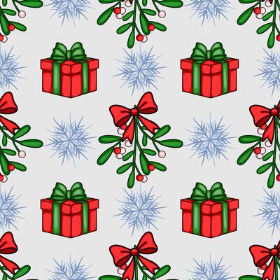 Seamless Christmas pattern featuring red gift boxes with green ribbons, mistletoe sprigs with red and white berries, and stylized snowflakes on a light gray background, creating a festive an...