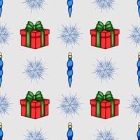 Seamless Christmas pattern featuring red gift boxes with green ribbons, blue icicle ornaments, and stylized snowflakes on a light gray background, perfect for festive designs. vector