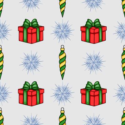 Seamless Christmas pattern with red gift boxes, greenyellow ornaments, and stylized snowflakes on a light gray background, perfect for festive designs.