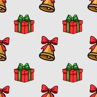 Seamless Christmas pattern featuring charming handdrawn illustrations of golden bells with red bows and red gift boxes with green ribbons, creating a festive and joyful holiday design. vector