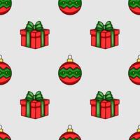 Seamless Christmas pattern featuring stylized red gift boxes with green bows and red and green Christmas baubles, creating a festive and playful holiday design. vector