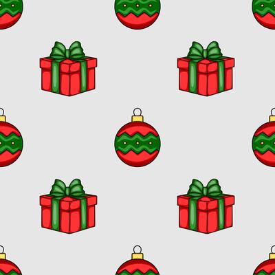 Seamless Christmas pattern featuring stylized red gift boxes with green bows and red and green Christmas baubles, creating a festive and playful holiday design.