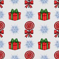 Seamless Christmas pattern featuring red gift boxes with green ribbons, red lollipops with bows, and stylized snowflakes on a light gray background. vector