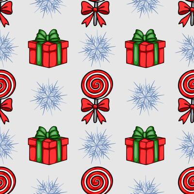 Seamless Christmas pattern featuring red gift boxes with green ribbons, red lollipops with bows, and stylized snowflakes on a light gray background.