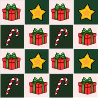 Seamless pattern with handdrawn Christmas gifts, candy canes, and stars in a cheerful checkerboard arrangement, perfect for festive holiday designs. vector