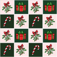 Seamless Christmas pattern with mistletoe, gift boxes, and candy canes in a repeating tile design, featuring a unique blend of red, green, and pink hues. vector