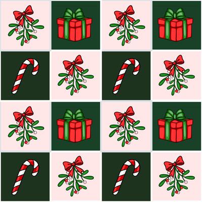 Seamless Christmas pattern with mistletoe, gift boxes, and candy canes in a repeating tile design, featuring a unique blend of red, green, and pink hues.