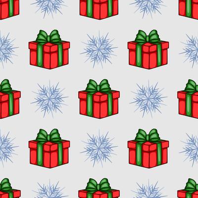 Seamless pattern with red gift boxes and stylized snowflakes, perfect for festive winter design projects.