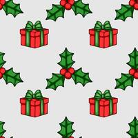 Seamless Christmas pattern featuring handdrawn style red gift boxes with green bows and holly berries on a light gray background, perfect for festive wrapping paper or holiday designs. vector