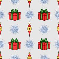 Seamless Christmas pattern featuring red gift boxes with green bows, stylized snowflakes, and festive ornaments in a light grey background. vector