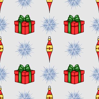 Seamless Christmas pattern featuring red gift boxes with green bows, stylized snowflakes, and festive ornaments in a light grey background.