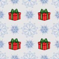 Seamless Christmas pattern featuring red gift boxes with green bows and stylized light blue snowflakes on a light gray background, ideal for festive designs. vector