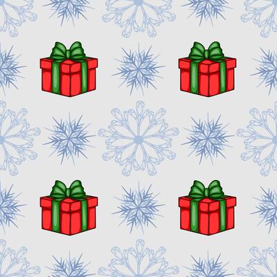 Seamless Christmas pattern featuring red gift boxes with green bows and stylized light blue snowflakes on a light gray background, ideal for festive designs.