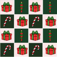 Seamless Christmas pattern with red and green gifts, candy canes, and ornaments, perfect for festive backgrounds and winter holiday designs. vector