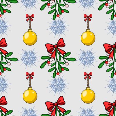 Seamless Christmas pattern featuring mistletoe sprigs with red bows, golden baubles, and stylized snowflakes on a light grey background, creating a festive and charming winter design.