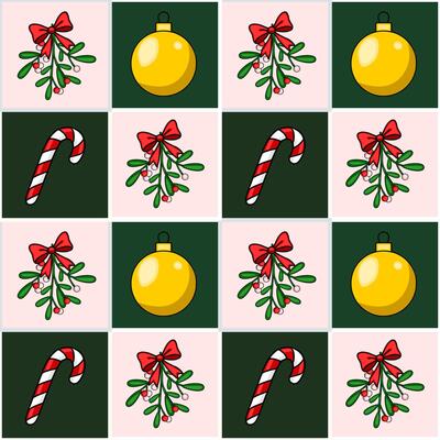 Seamless Christmas pattern featuring a checkerboard design with mistletoe, candy canes, and golden baubles, creating a festive and playful holiday backdrop.