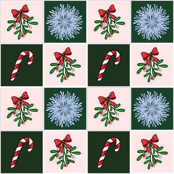 Seamless Christmas pattern featuring mistletoe, candy canes, and snowflakes in a repeating checkered design with pink and green squares. vector