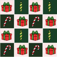 Seamless Christmas pattern with red gift boxes, candy canes, and spiral ornaments in a checkerboard arrangement on pink and dark green background. vector