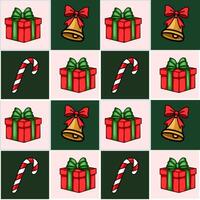 Seamless Christmas pattern featuring charming handdrawn illustrations of gift boxes with bows, jingle bells, and candy canes in a cheerful red, green, and gold color palette. vector