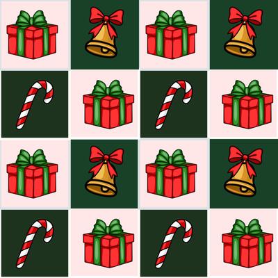 Seamless Christmas pattern featuring charming handdrawn illustrations of gift boxes with bows, jingle bells, and candy canes in a cheerful red, green, and gold color palette.
