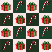 Seamless Christmas pattern featuring handdrawn red gift boxes with green ribbons and candy canes on a checkered background of pink and dark green squares. vector