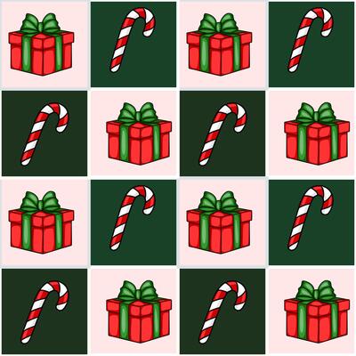 Seamless Christmas pattern featuring handdrawn red gift boxes with green ribbons and candy canes on a checkered background of pink and dark green squares.