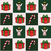 Seamless Christmas pattern featuring charming angels, gift boxes with green bows, and candy canes, creating a festive and cheerful design perfect for holiday projects. vector