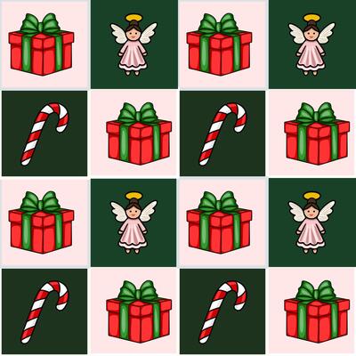 Seamless Christmas pattern featuring charming angels, gift boxes with green bows, and candy canes, creating a festive and cheerful design perfect for holiday projects.