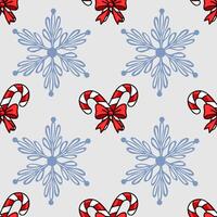 Seamless Christmas pattern with stylized snowflakes and candy canes tied with red bows, featuring a light gray background and a delicate, handdrawn style. vector