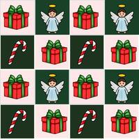 Seamless Christmas pattern featuring charming angels, gift boxes with green ribbons, and candy canes on a pink and green checkered background. vector