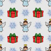 Seamless Christmas pattern featuring adorable angels playing flutes, festive red gifts with green bows, and delicate icy snowflakes on a light grey background. vector