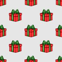 Seamless pattern of red gift boxes with green bows, perfect for festive Christmas or holiday designs, offering a playful and joyful aesthetic. vector