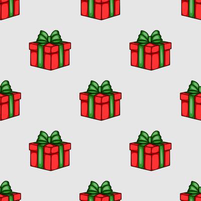 Seamless pattern of red gift boxes with green bows, perfect for festive Christmas or holiday designs, offering a playful and joyful aesthetic.
