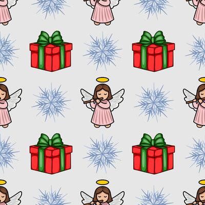 Seamless Christmas pattern featuring adorable angels playing flutes, festive gift boxes, and delicate snowflakes on a light grey background, creating a charming and whimsical winter holiday...