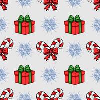 Seamless Christmas pattern featuring handdrawn red gift boxes with green bows, candy canes tied with red bows, and lightblue snowflakes on a lightgrey background. vector