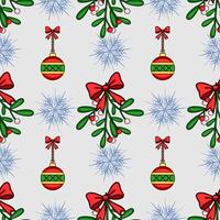Seamless Christmas pattern with mistletoe, snowflakes, and decorative ornaments, featuring a unique blend of handdrawn style and vibrant red, green, and gold colors. vector