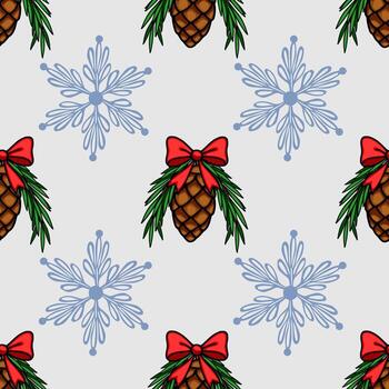 Seamless Christmas pattern featuring pine cones adorned with red bows and delicate stylized snowflakes on a light gray background, creating a festive and elegant winter design. vector