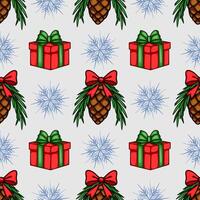 Seamless Christmas pattern featuring red gift boxes with green and red ribbons, pine cones adorned with bows, and stylized snowflakes on a light gray background, creating a festive and cheer... vector