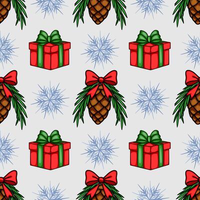 Seamless Christmas pattern featuring red gift boxes with green and red ribbons, pine cones adorned with bows, and stylized snowflakes on a light gray background, creating a festive and cheer...