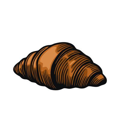 A detailed illustration of a croissant, showcasing its flaky layers and goldenbrown color. The croissant is depicted in a realistic style, emphasizing its texture and shape.
