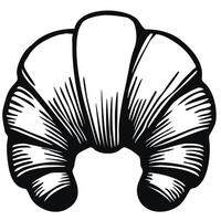 A stylized black and white illustration of a croissant, showcasing its flaky layers and curved shape. Ideal for bakery or foodrelated designs. vector