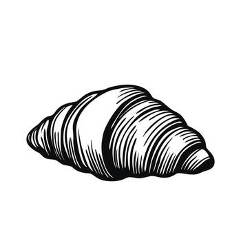 A detailed illustration of a croissant, showcasing its flaky layers and curved shape. The design is monochrome, emphasizing the texture and form of the pastry. vector