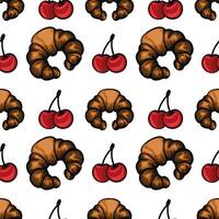 A seamless pattern featuring croissants and cherries on a white background. The croissants are golden brown and flaky, while the cherries are bright red with green stems. vector