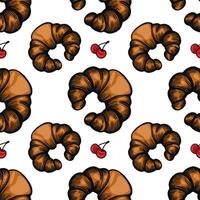 A seamless pattern featuring croissants and cherries on a white background. The croissants are golden brown with a flaky texture, while the cherries are bright red, adding a pop of color. vector