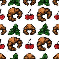 A seamless pattern featuring croissants, cherries, and mint leaves on a white background. The croissants are golden brown, the cherries are bright red, and the mint leaves are vibrant green. vector